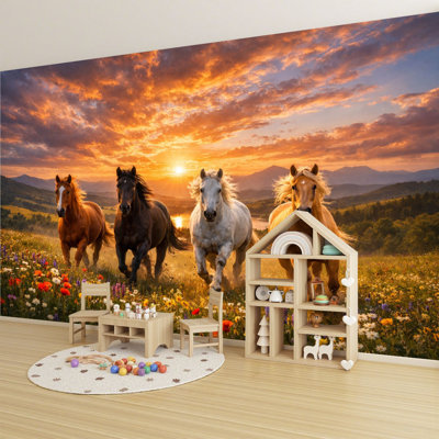 Peel and Stick Wallpaper 96" L x 69" W Modern Self Adhesive Wall Mural for Bedroom - With Majestic Horses Running Wildflower Meadow Sunset Print
