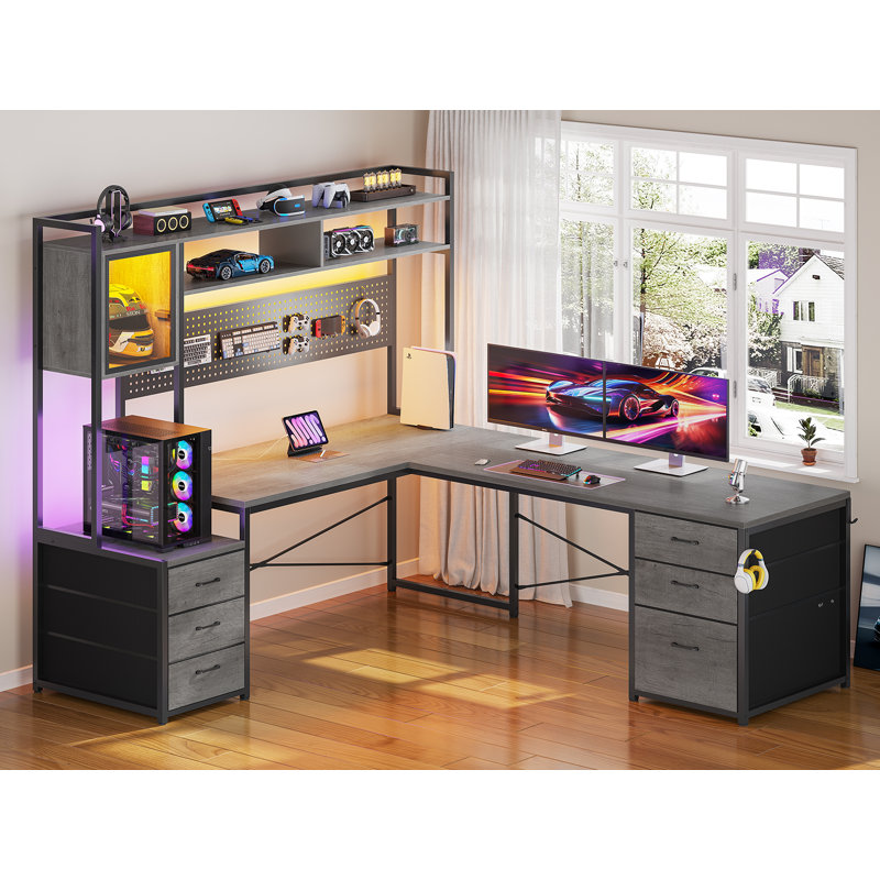 Hagin 66.9'' W L Shaped Desk, Computer Desk with File Drawer, Gray