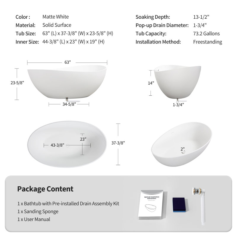 63" x 37" Freestanding Soaking Solid Surface Bathtub Stone Resin Bath Tub with Overflow, Pop-up Drain for Bathroom, Matte White