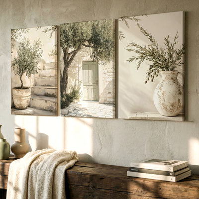 3 Pieces Mediterranean Large Wall Art with Olive Trees, Three Pieces Wall Art for Living Room, Bedroom, and Office Decor, Ready to Hang, Gallery Style