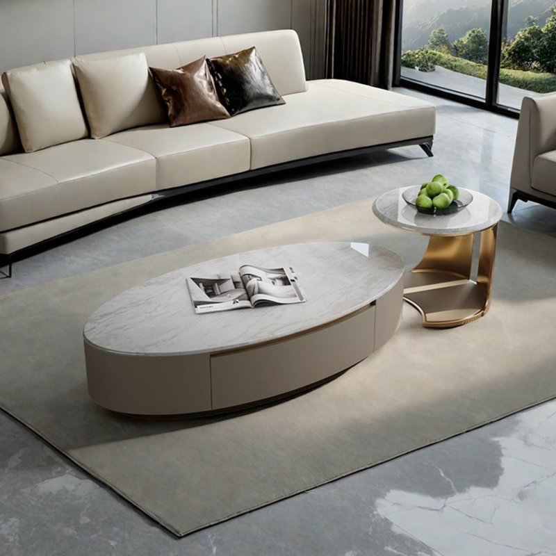 Light luxury oval marble coffee table, 15.7" H x 63" L x 31.5" W