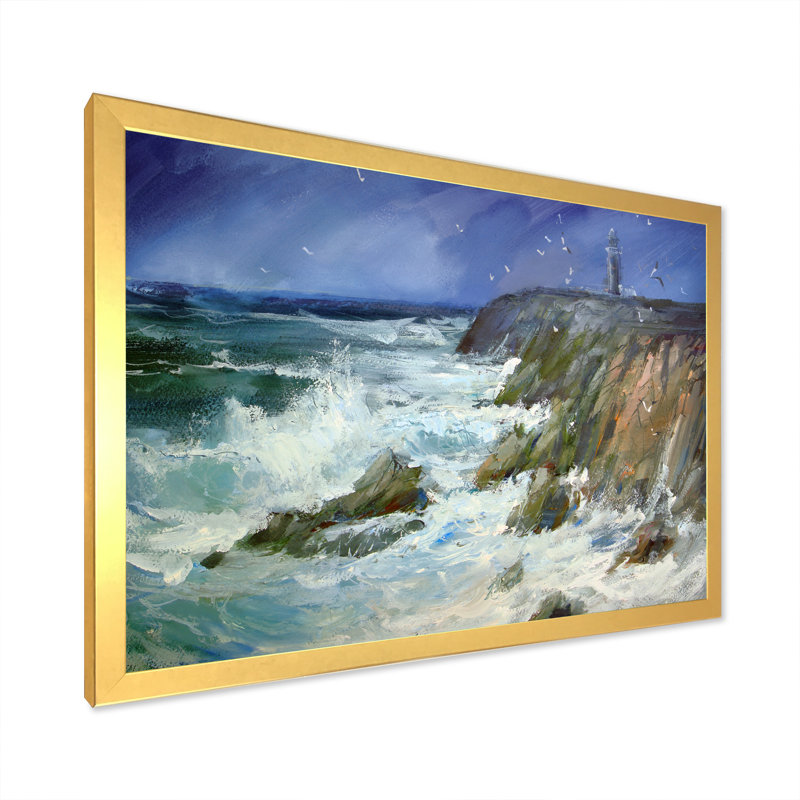 Phare sur les vagues massives - Peinture sur toile, H 8 po x l 12 po x P 1 po, Cadre doré