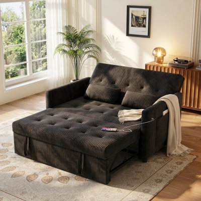 53" Corduroy Convertible Loveseat Sleeper Sofa with Pull-Out Bed, USB & Storage, Black
