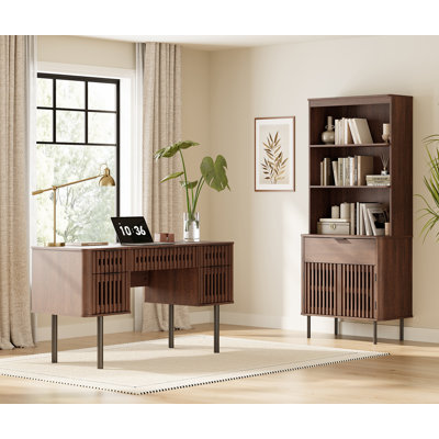 Modern Farmhouse Office Set, 59.1" Executive Desk & 73.3" Open Shelf Bookcase With Drawers– Premium Home Office Shelving Units With Power Hub, Espresso