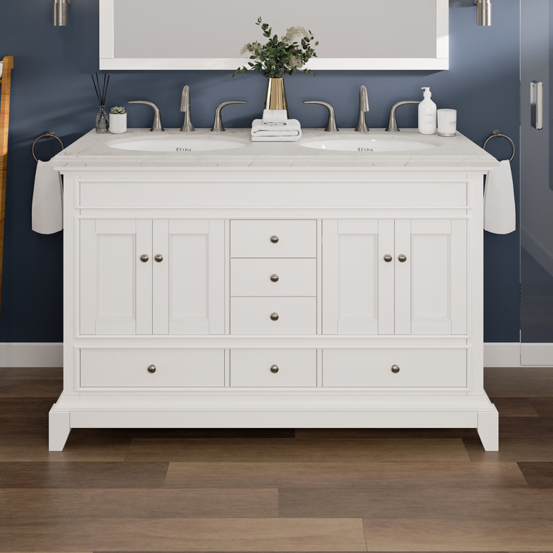 Meuble-lavabo double en porcelaine encastrable l 48 po x P 22 po Elite Stamford, Quartz - blanc de Carrare, Blanc
