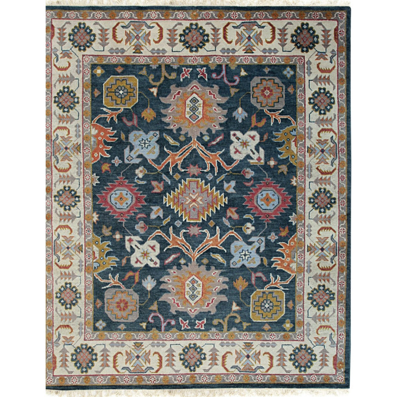 Blue Hand-Knotted Wool Floral Medallion Border Classic Traditional Modern Contemporary Carpet Rug, 10' x 14'