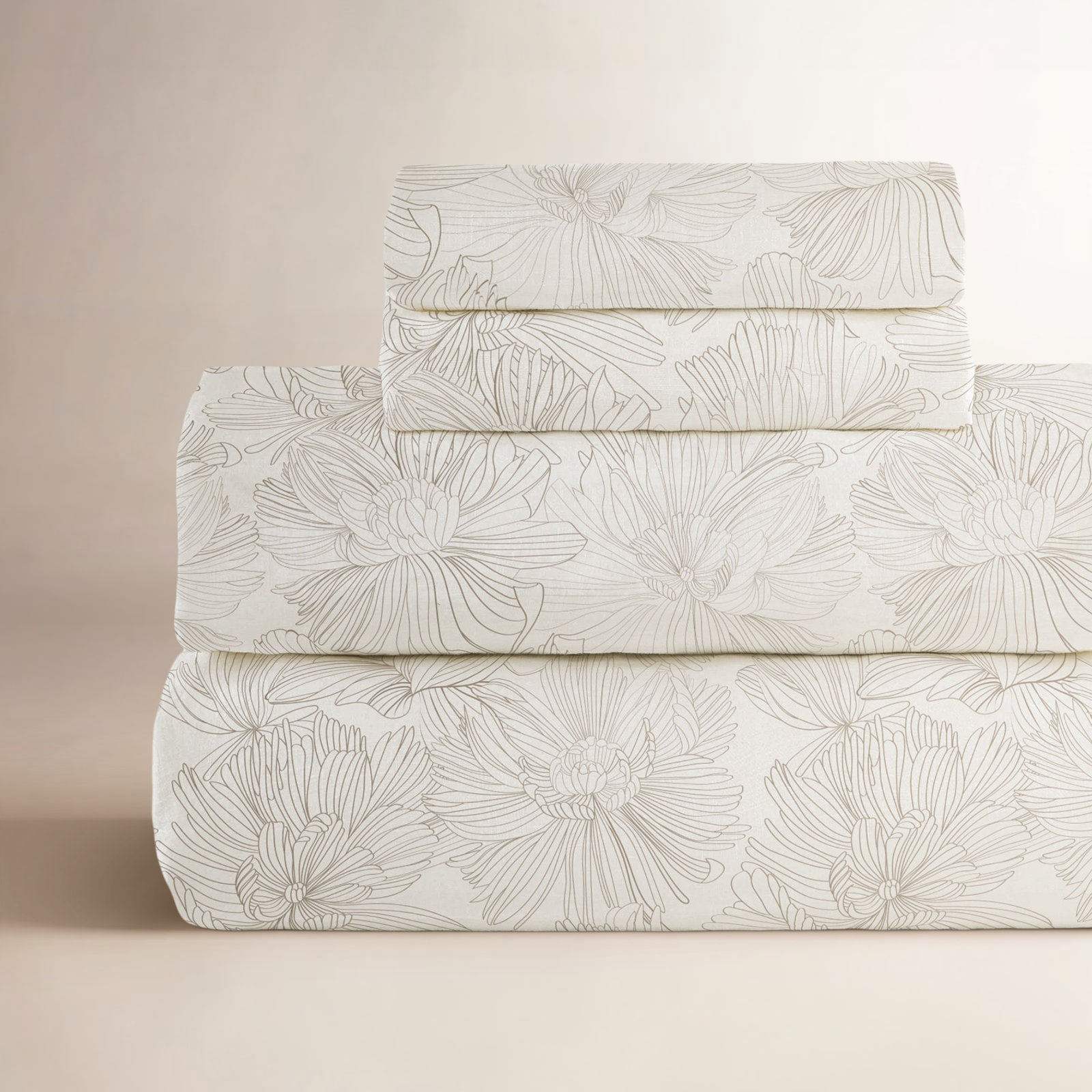 100% French Linen Sheet Set, King Sheet Set with 2 Pillowcases, Cream/Putty Floral