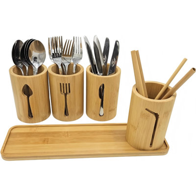 4 Kitchen Utensils Holder With Bamboo Tray, Decorative Kitchen Countertop Cutlery Stand , Utensil Holder, Knife, Fork Spoon And Straw Holders