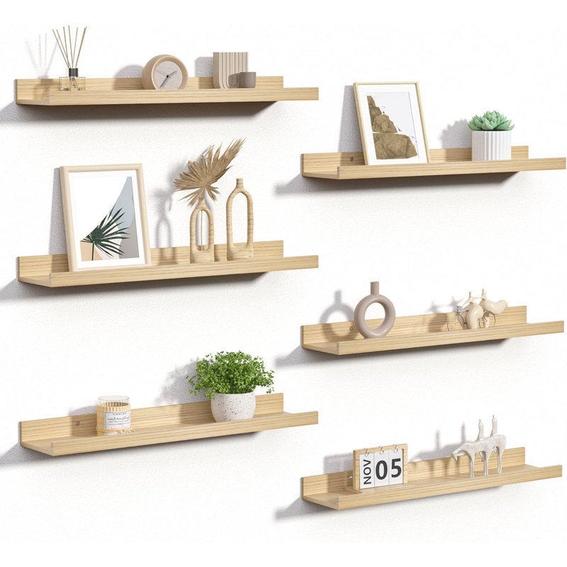 Floating Shelves For Wall Decor And Storage, Set Of 6 Wooden Wall Mounted Shelves For Living Room, Bedroom, Bathroom, Kitchen, Picture Ledge Shelves With Elegant Design