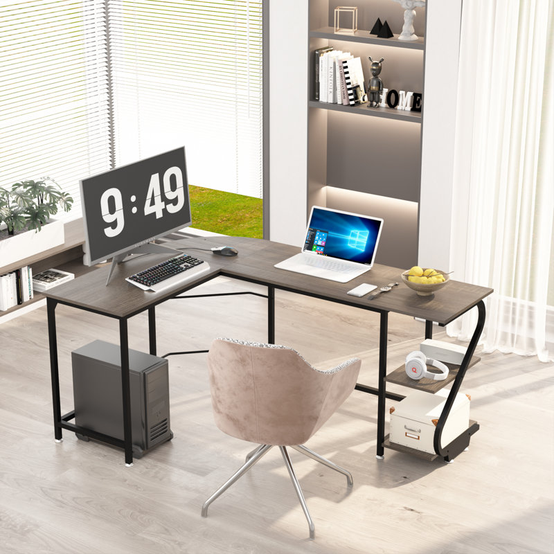 Lantz L-Shaped Metal Base Computer Desk, Black Oak/Black, Left Hand Return