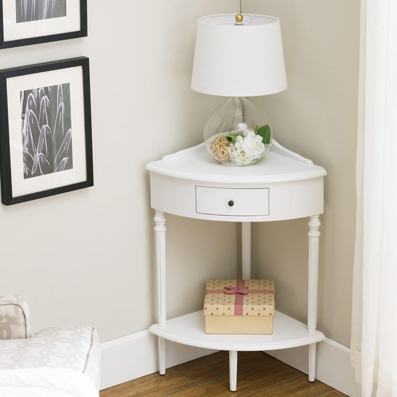 Coastal Solid Wood Corner Wedge Table With Drawer And Shelf - Cottage White For Entryways, Hallways, Small Spaces