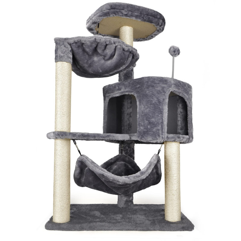 Gray Faux Fur Cat Tree with Condo and Hammock