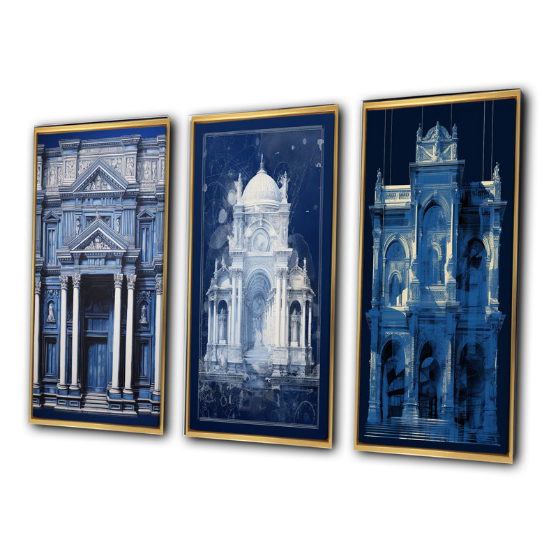 «Blueprint Of London Architecture», 3 pièces sur toile, Encadrement doré, H 32 po x l 48 po