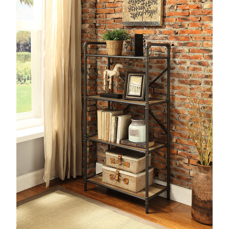 Unité de rangement en chêne antique et gris sableux - 4 rectangulaires avec métal et bibliothèque
