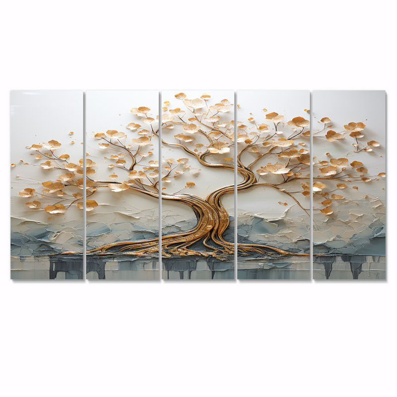 Arbre doré dans un lac au début du printemps I - ensemble d'art mural 5 pièces, H 28 po x l 60 po