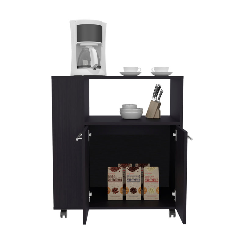 Chariot de cuisine moderne à deux portes avec quatre tablettes, tablettes latérales, armoire, rangement de cuisine wengé noir