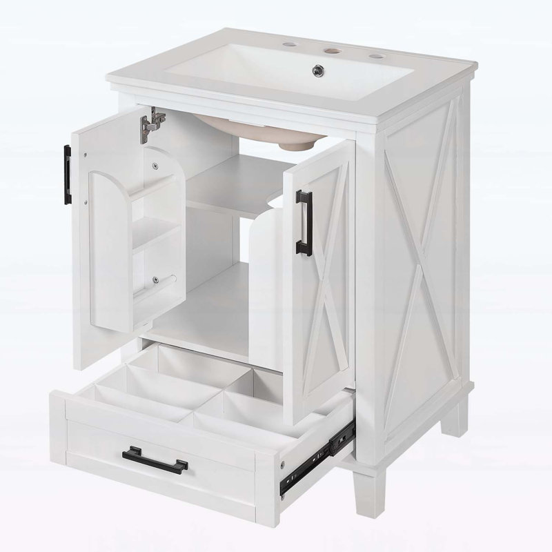 Meuble-lavabo de 24 po avec lavabo, 2 portes à fermeture douce, 1 tiroir divisé, 2 tablettes de rangement, amplement d'espace de rangement