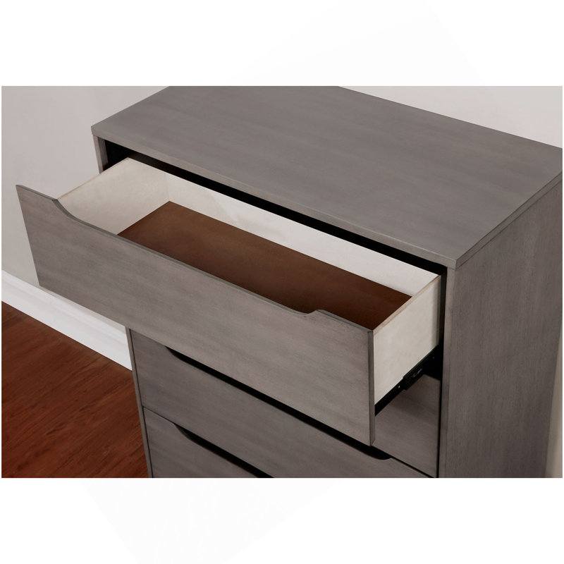Commode ronde moderne de style Mid-Century avec pieds fuselés et quatre tiroirs encastrés, finition grise, Gris