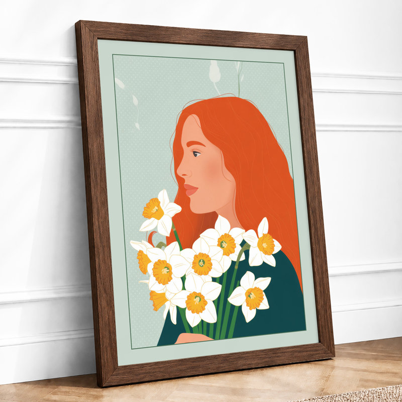 Woman with Spring Daffodils Botanical - Framed Print, A4 - 29.7 x 21.0 cm, Walnut
