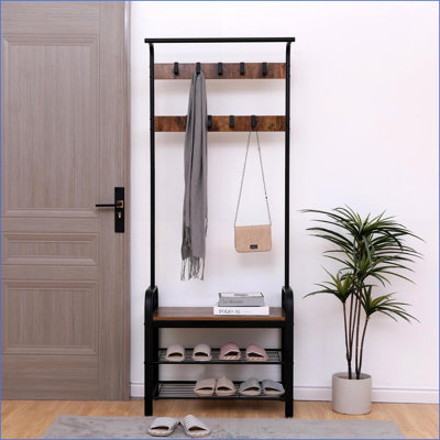 Arbre d'entrée avec banc à chaussures, portemanteau et amp; Tablettes de rangement | Blanc | Bois aggloméré + métal