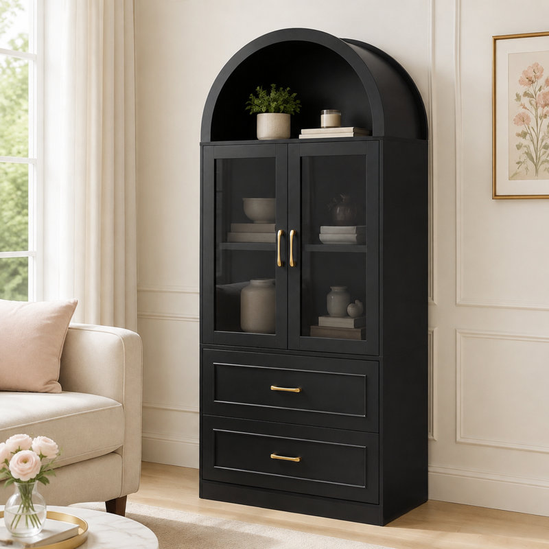 Armoire de rangement moderne et minimaliste à dessus arqué, portes en verre trempé, tablettes fixes, tiroirs, noire