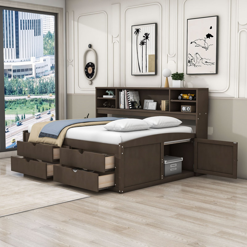Lit de jour double / en bois double avec tiroirs et tablettes, Brun antique