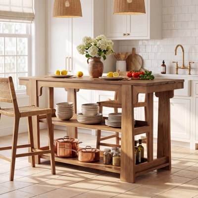 Îlot de cuisine en bois massif de 63 pouces avec tablettes de rangement, table de bar à hauteur de comptoir Farmhouse Island