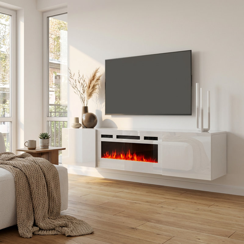 Aiyanah 72" Modern TV Stand with Electric Fireplace, High Gloss Finish, Wall-Mounted, White