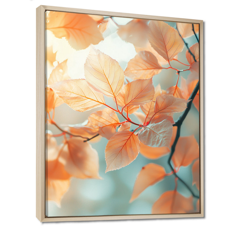 «Sun-Kissed Leaves I» - art mural feuilles, H 44 po x l 34 po, Reproduction avec cadre flottant, Crème, crème