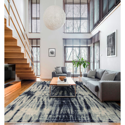 Shibori Hand Knotted Wool Abstract Area Rug in Blue/Ivory