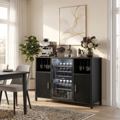 53" Fluted Coffee Bar Cabinet with Power Outlet, Mini Fridge Space & Glass Holder