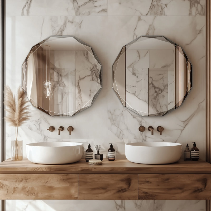 Oval Beveled Frameless Bathroom Vanity Mirror Decorative Wall Accent Mirror, 30" × 30", Round