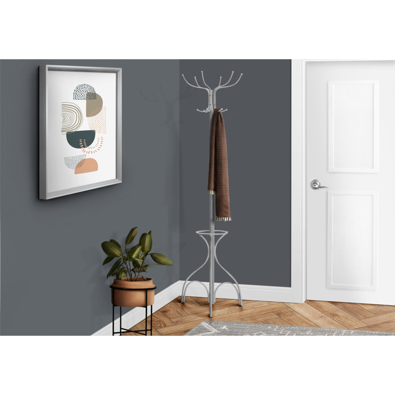 Coat Rack, Hall Tree, Free Standing, 12 Hooks, Entryway,  Umbrella Holder, ,  Metal, Contemporary,, Silver