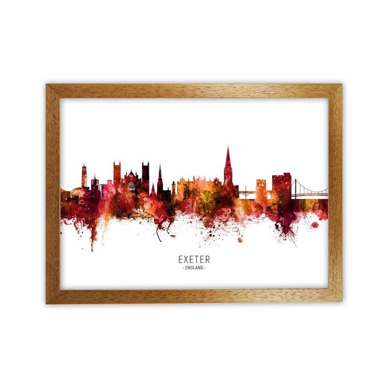 Exeter England Skyline Red City Name by Michael Tompsett - Print, Oak Framed, 64cm H x 88cm W x 3cm D