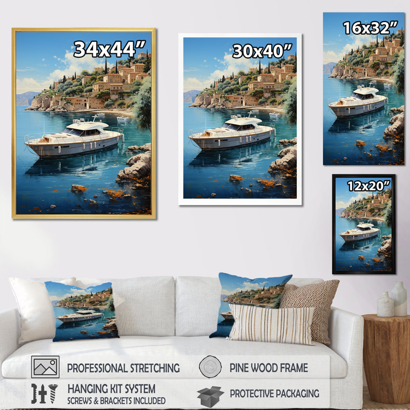 Yacht sur la côte d'azur sur toile, Toile tendue, H 20 po x l 12 po x P 1 po