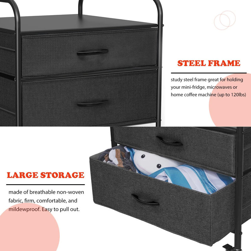 Mini Fridge Stand With Storage, 2 Drawer Fridge Cart, Dorm Fridge Table With 4 Swivel Wheels, Black