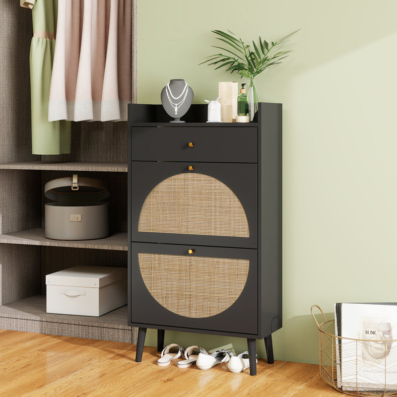 Rattan, Allen 2 door 1 drawer cabinet, shoe rack, double layer, suitable for entrance, Black