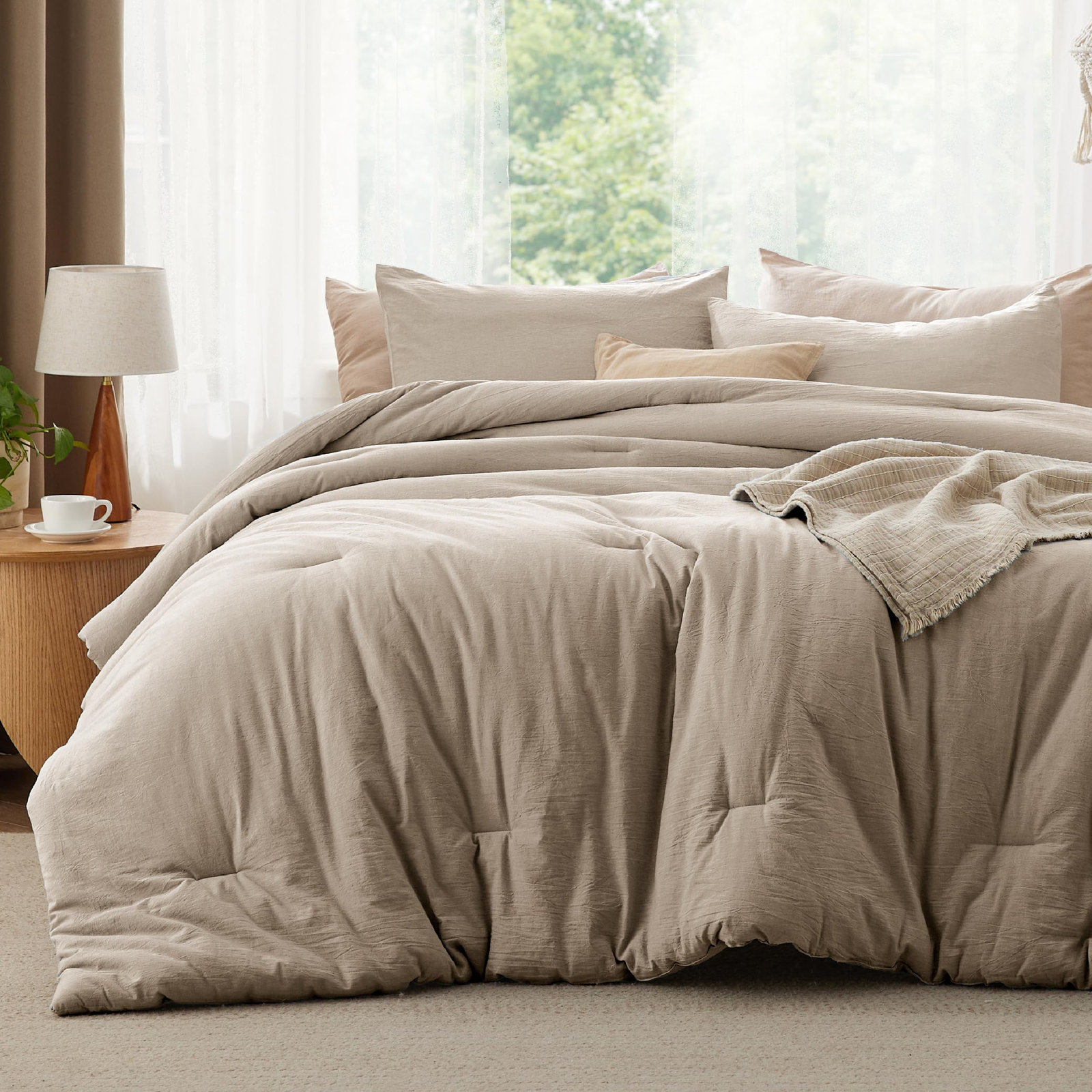 Pre-Washed Cotton Comforter Set, Queen Comforter + 2 Additional Pieces, Simply Taupe