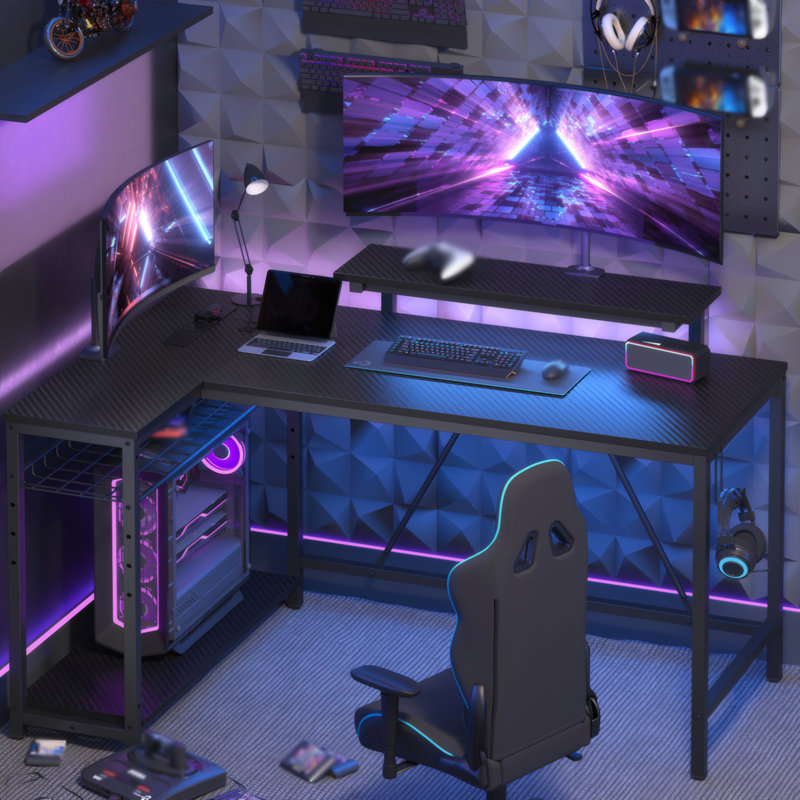 L-shaped Computer Desk with Power Outlet, Gaming Desk with Monitor Stand and Shelves, 91.4cm H x 106cm W x 80cm H