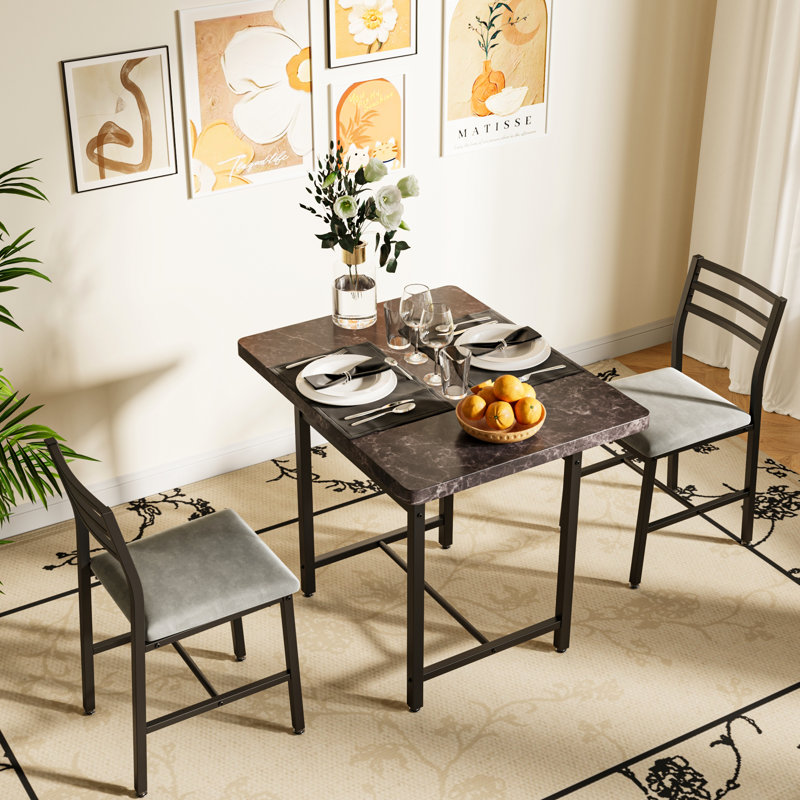3-Piece Dining Table Set With Faux Marble Tabletop, Under-The Table Storage And Cushioned Chairs For Small Space, Minimalist Dining Set For Kitchen, Home Bar And Patio