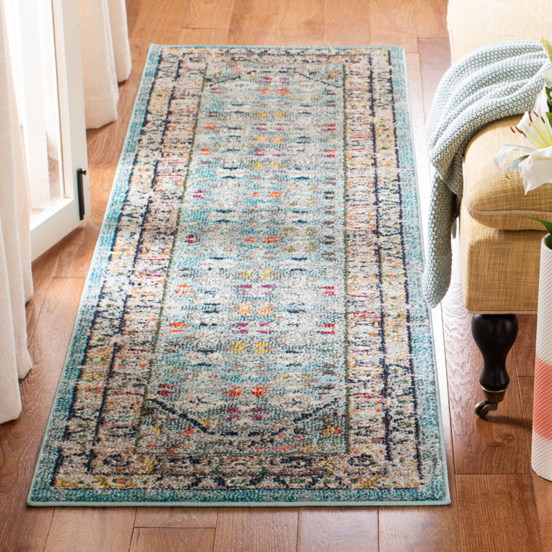 Tapis oriental bleu / gris clair Hertzler, Tapis de couloir 2 pi 2 po x 8 pi