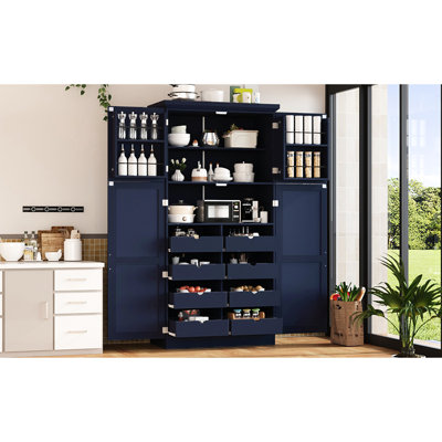 Blue Freestanding Kitchen Pantry Cabinet With 4 Long Handles, 8 Pull - Out Trays, And 2 Tipping Kits For Storage Upgrade 17.6 Inch Deep Kits, Assembly Video Organizing