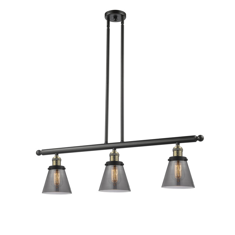 Cone 3 Light Stem Hung Island Light, Smoked, 36" H x 36" W x 5" D, Brushed Satin Nickel