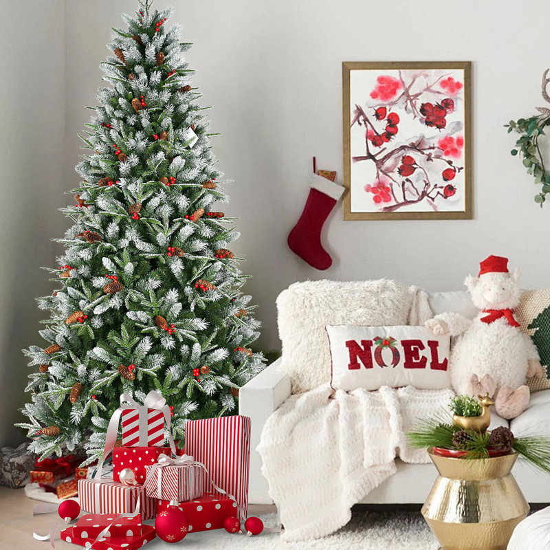Arbre de Noël 8 pi avec 2850 pointes, baies et pommes de pin - Branches PE + PVC enneigées, conception à charnières pour une installation facile, support en métal robuste - Décoration d'arbre de Noël naturelle