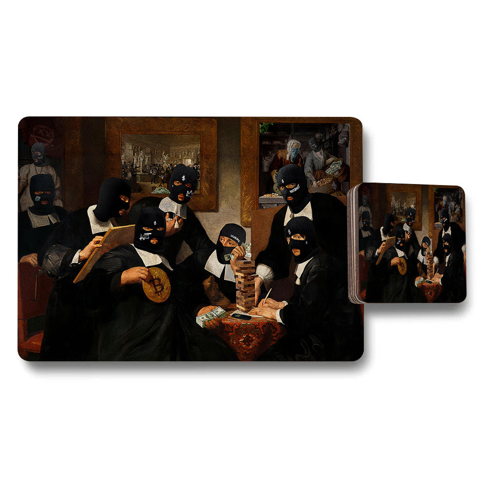 Placemat and Coaster Set Featuring Masked Heist Scene Artwork
