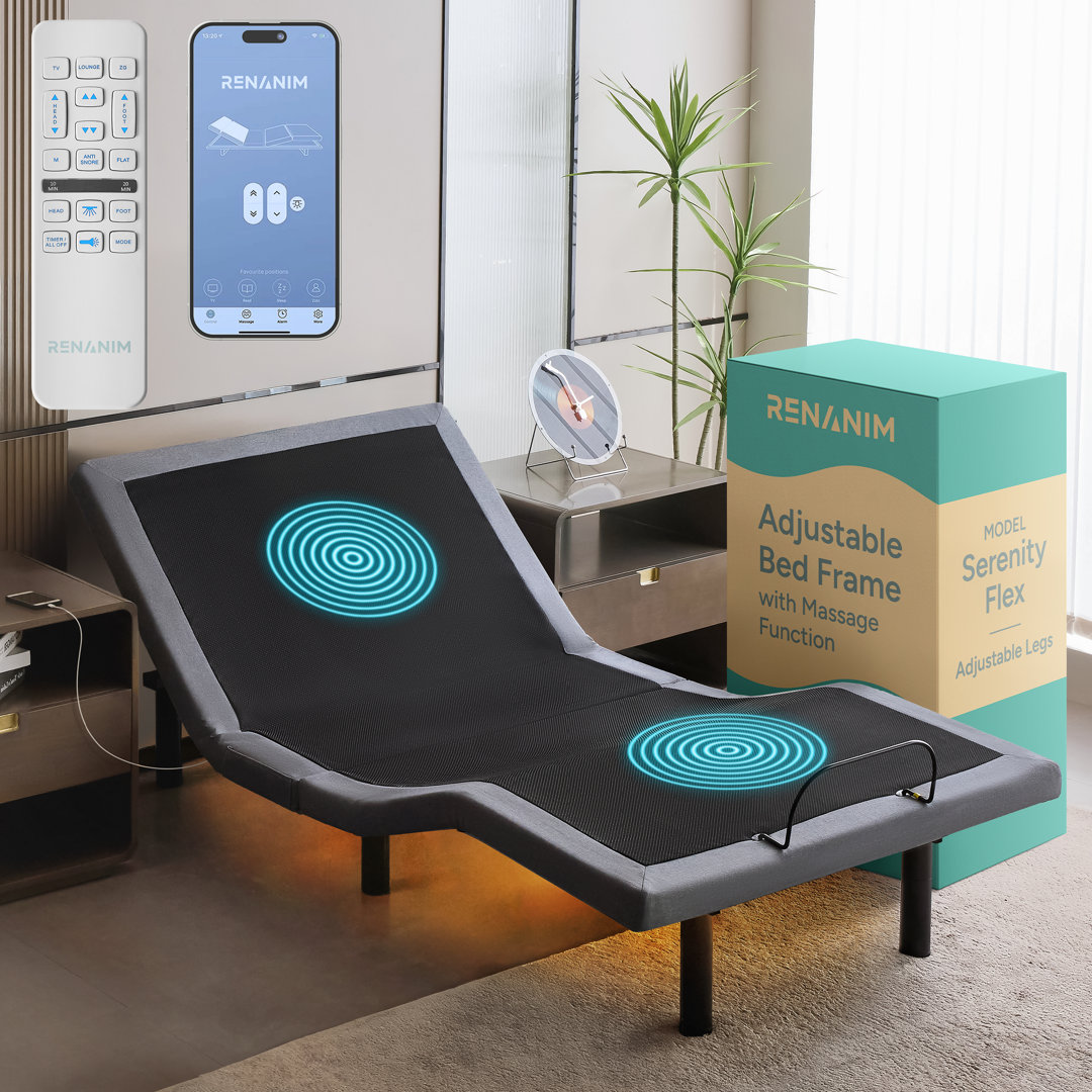 Renanim SerenityFlex Adjustable Bed Frame with Massage, USB, Underbed Light, App Control White Noise Size: Twin XL