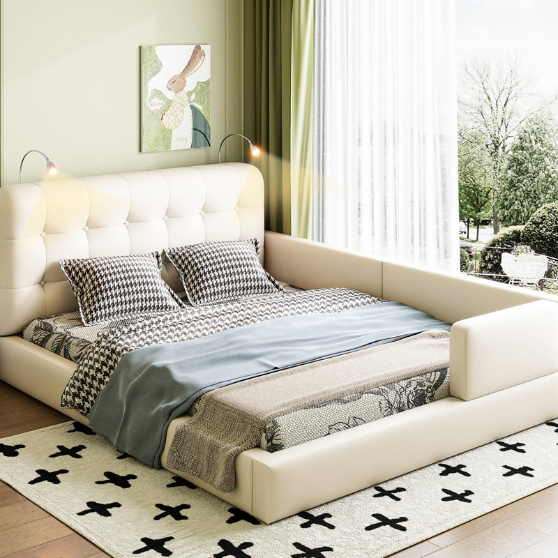 Sleek Queen Size Bed With Reading Lights For Relaxation - White Ergonomic Platform Adjustable, White