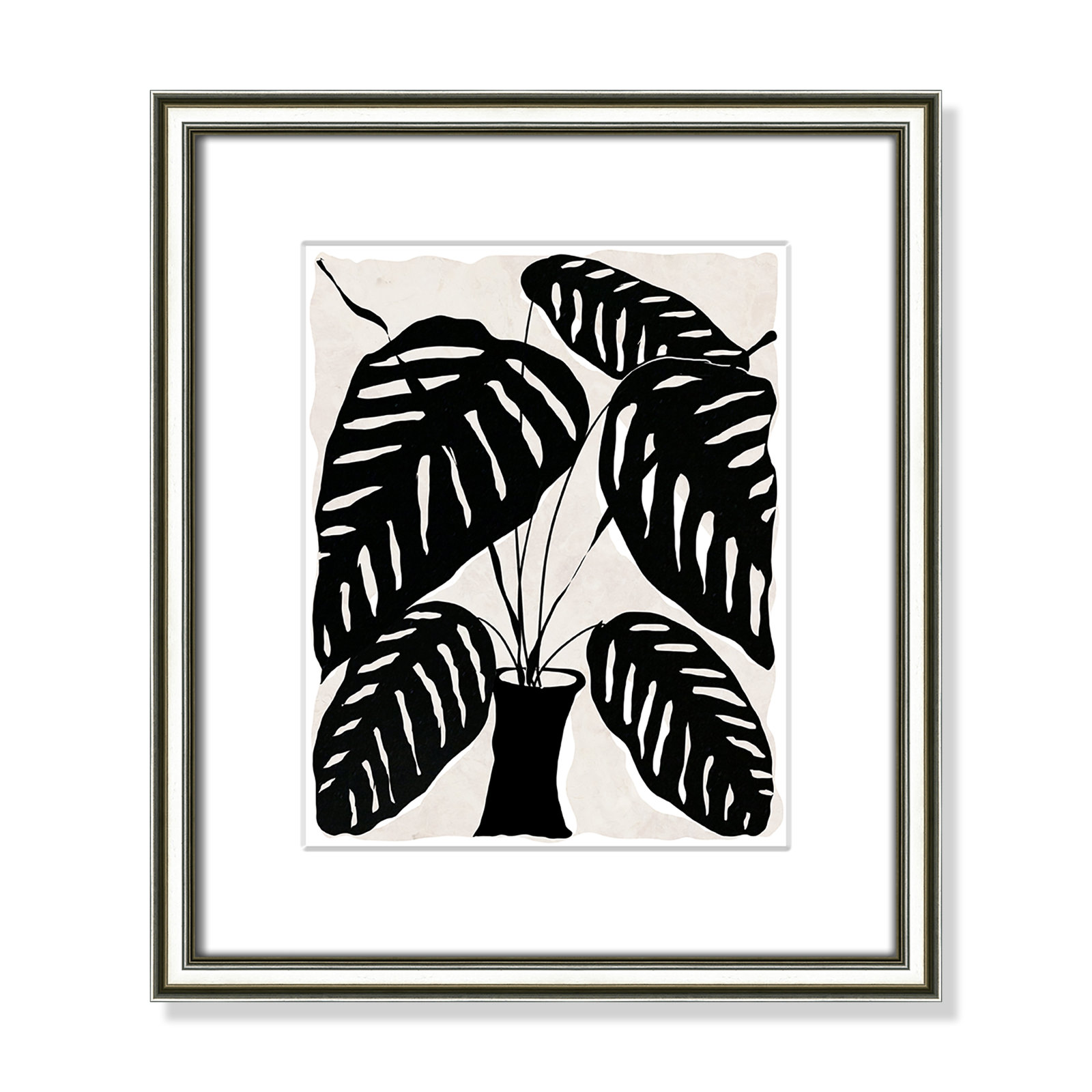 Black and White Potted Plant I Print, 16.25" H x 14.25" W x 0.88" D, Silver Framed