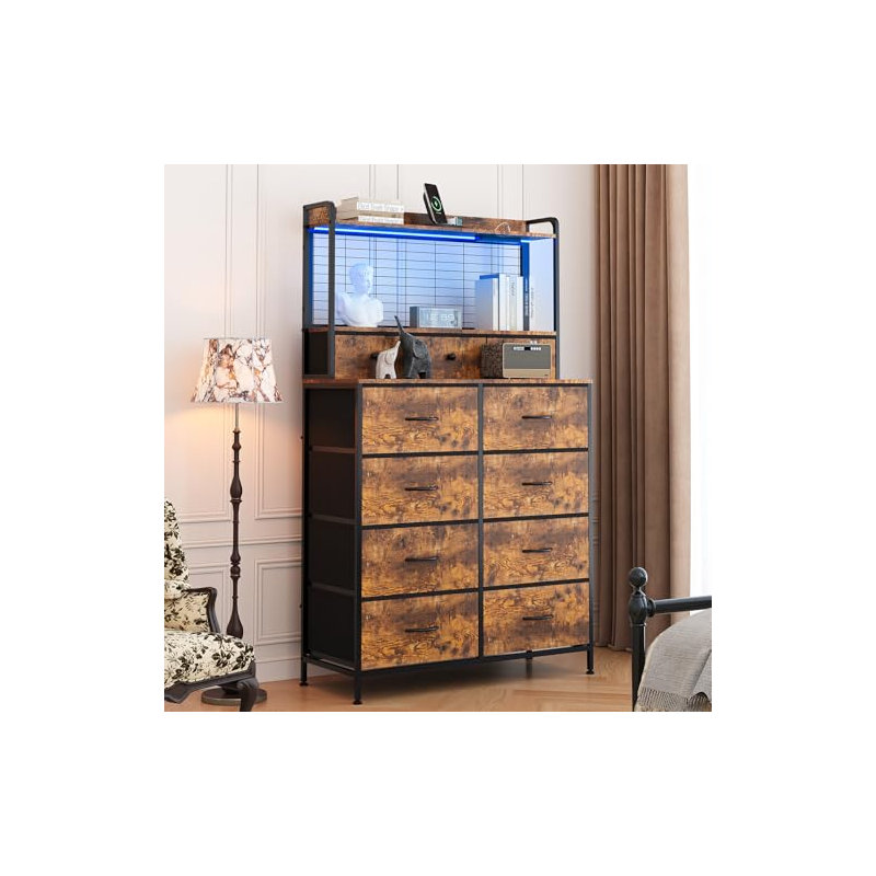Smart Dresser with 11 Fabric Drawers, Built-in Charging Station with Wireless Charger, App-Controlled RGB LED Lights, Brown