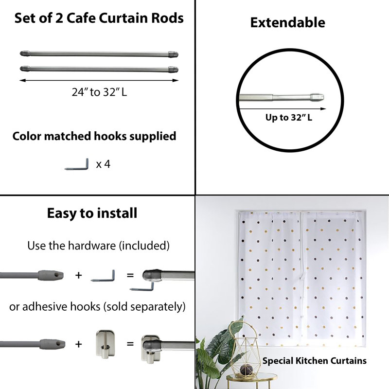 Adjustable Chrome Aluminum Cafe Curtain Rod Set